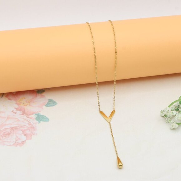 Golden Y-Shape Necklace with Drop Charm Adjustable Chain, XPNL0373 - Picture 8 of 12